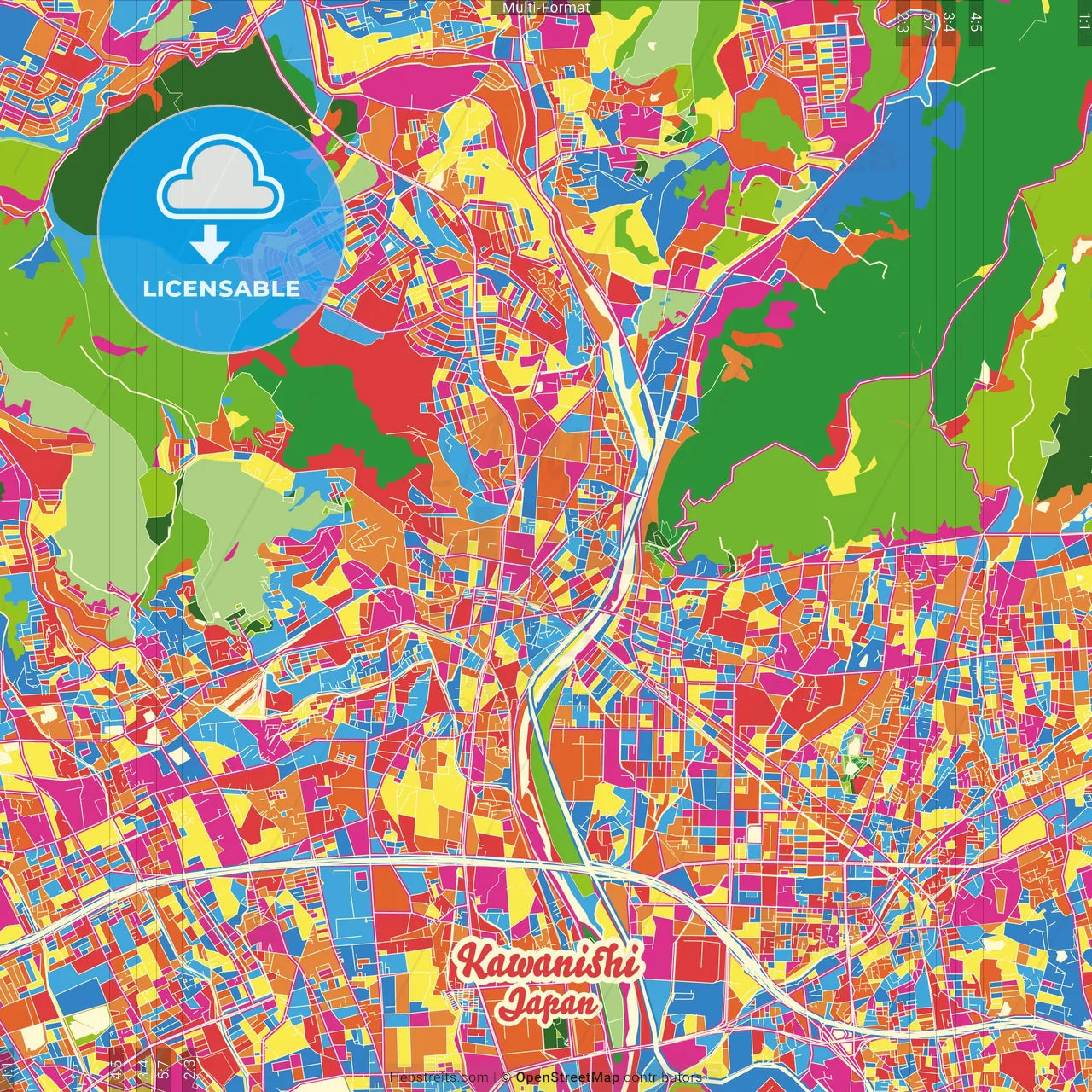 Kawanishi, Hyōgo, Japan Crazy Colorful Street Map Poster Template