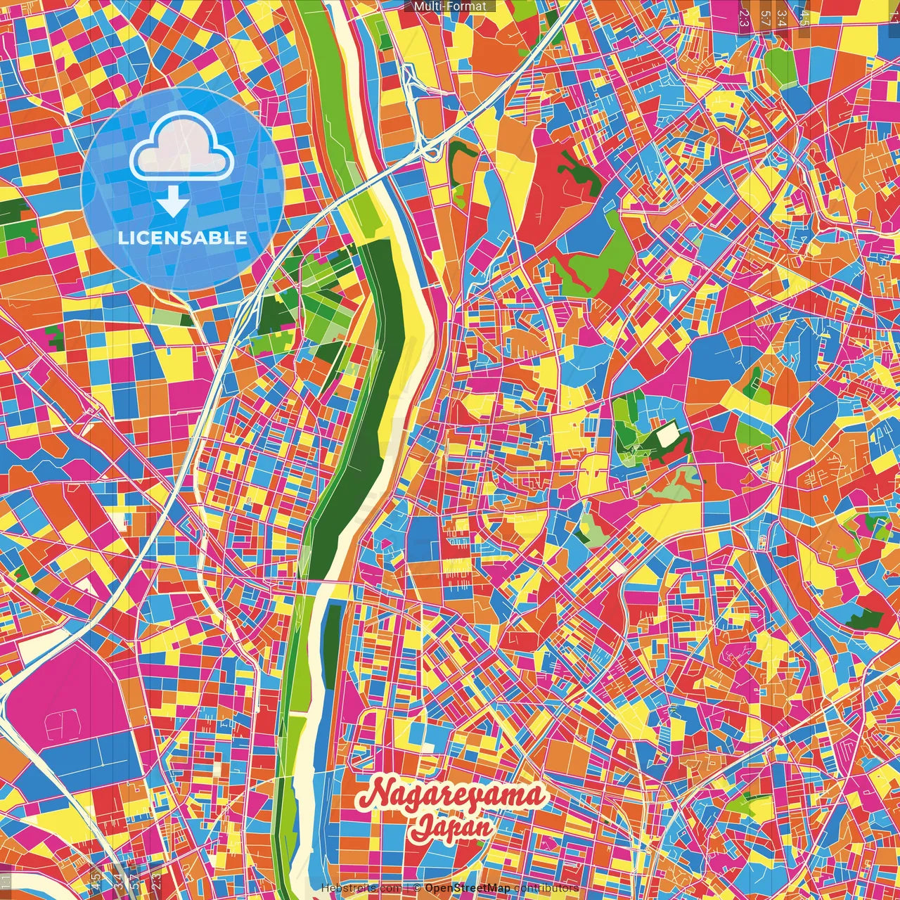 Nagareyama, Chiba, Japan Crazy Colorful Street Map Poster Template