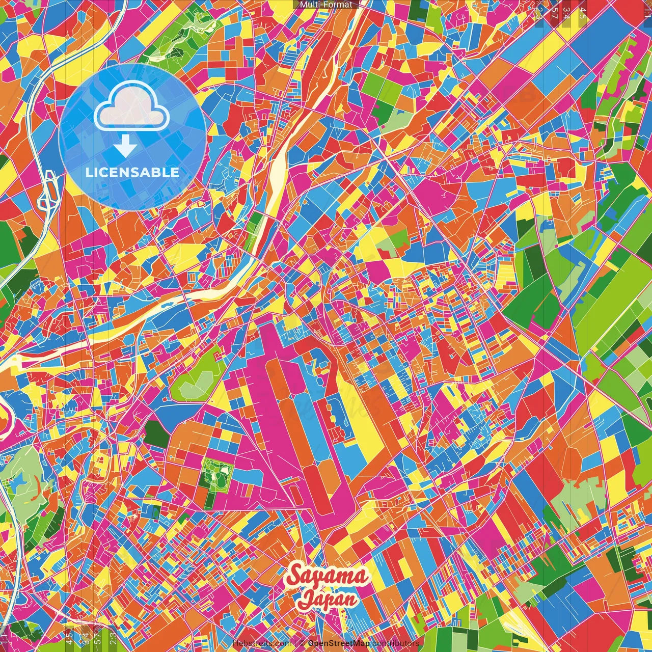 Sayama, Saitama, Japan Crazy Colorful Street Map Poster Template