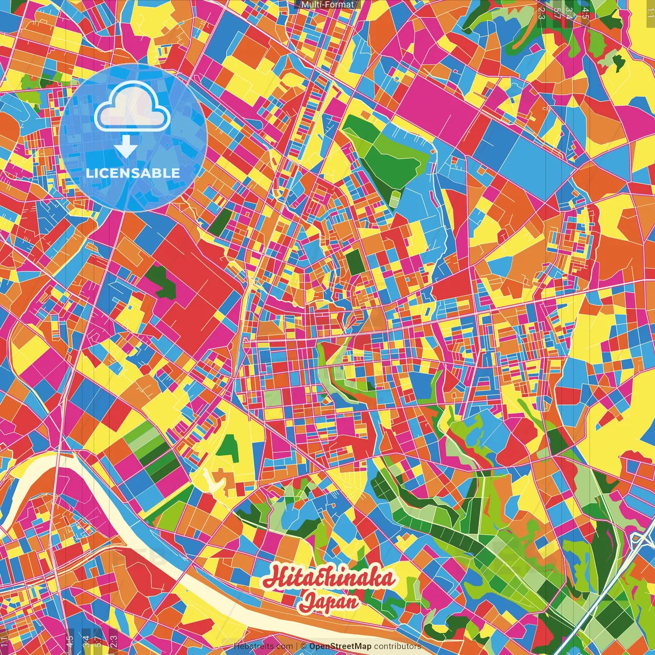 Hitachinaka, Ibaraki, Japan Crazy Colorful Street Map Poster Template