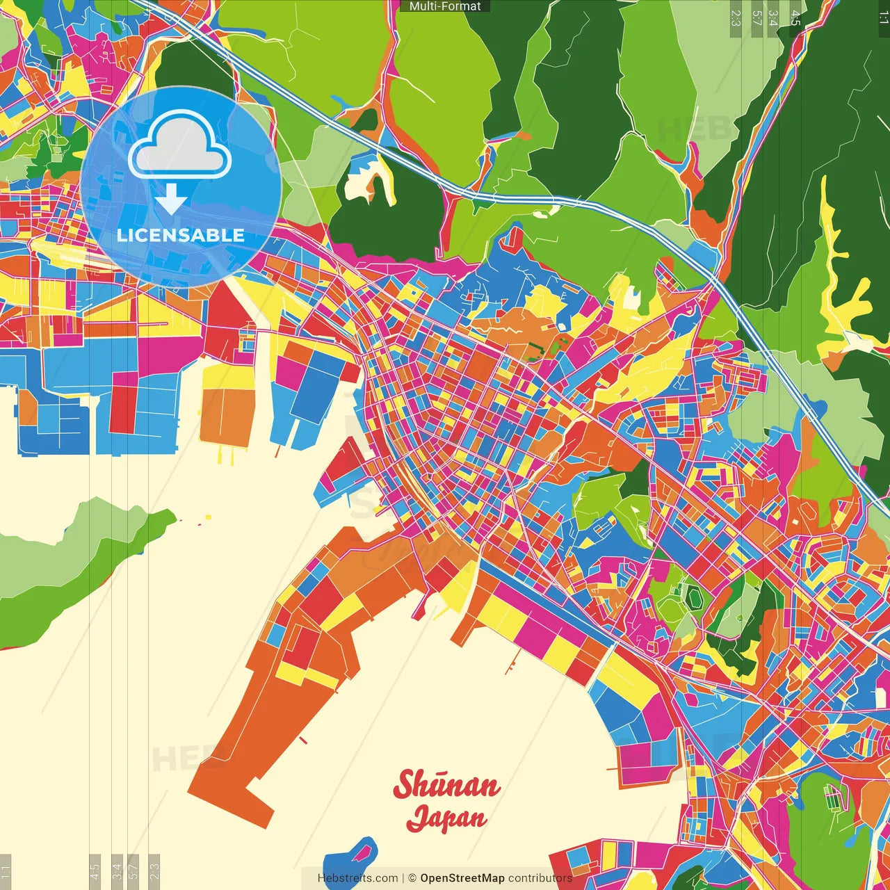 Shūnan, Yamaguchi, Japan Crazy Colorful Street Map Poster Template