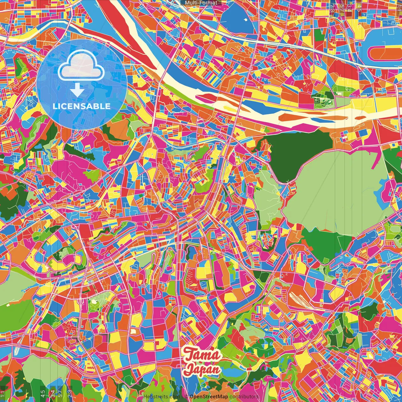 Tama, Tokyo, Japan Crazy Colorful Street Map Poster Template