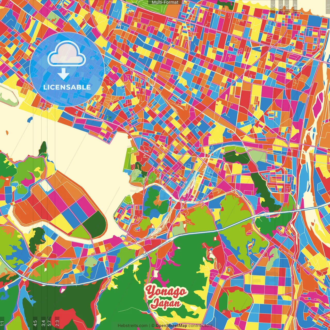 Yonago, Tottori, Japan Crazy Colorful Street Map Poster Template