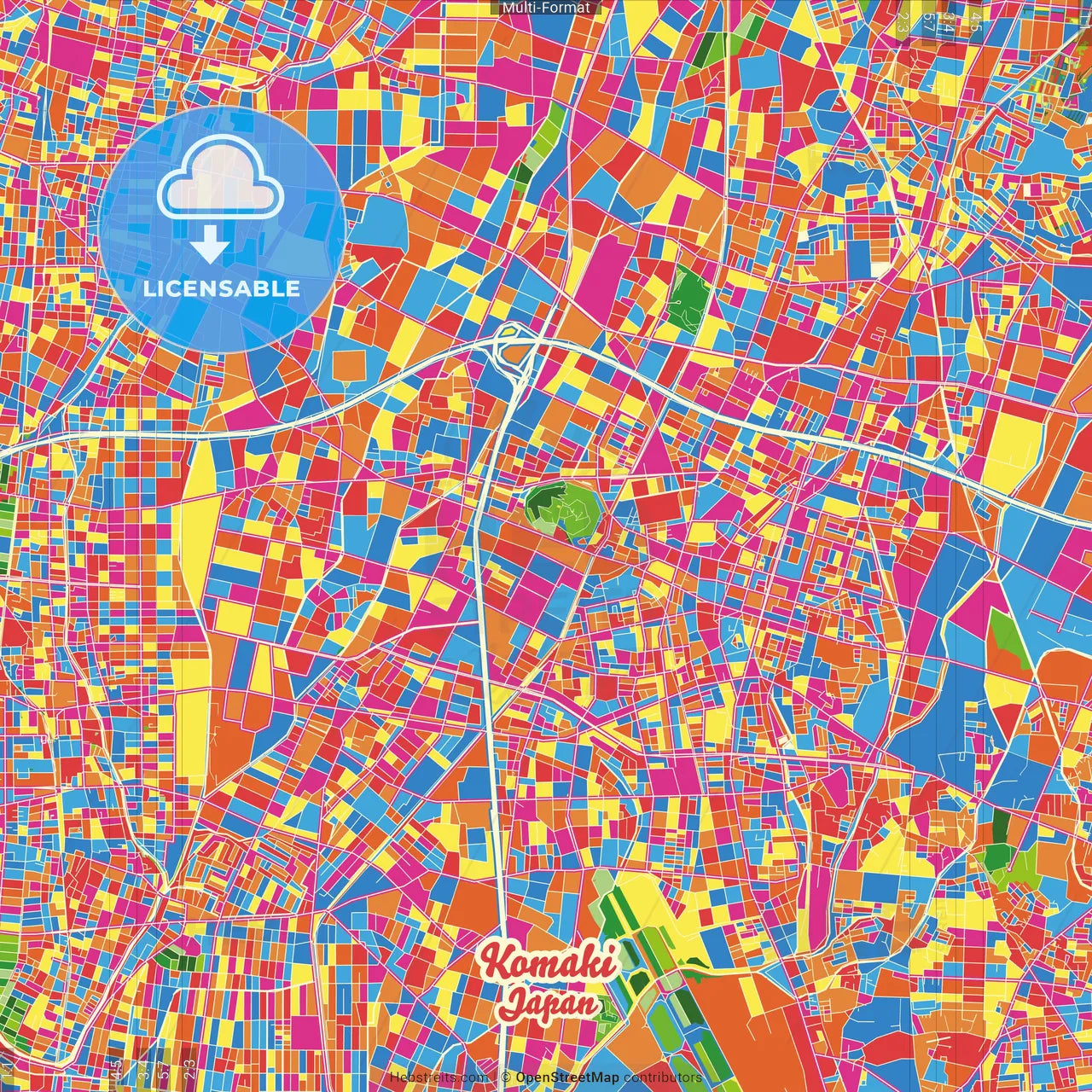 Komaki, Aichi, Japan Crazy Colorful Street Map Poster Template