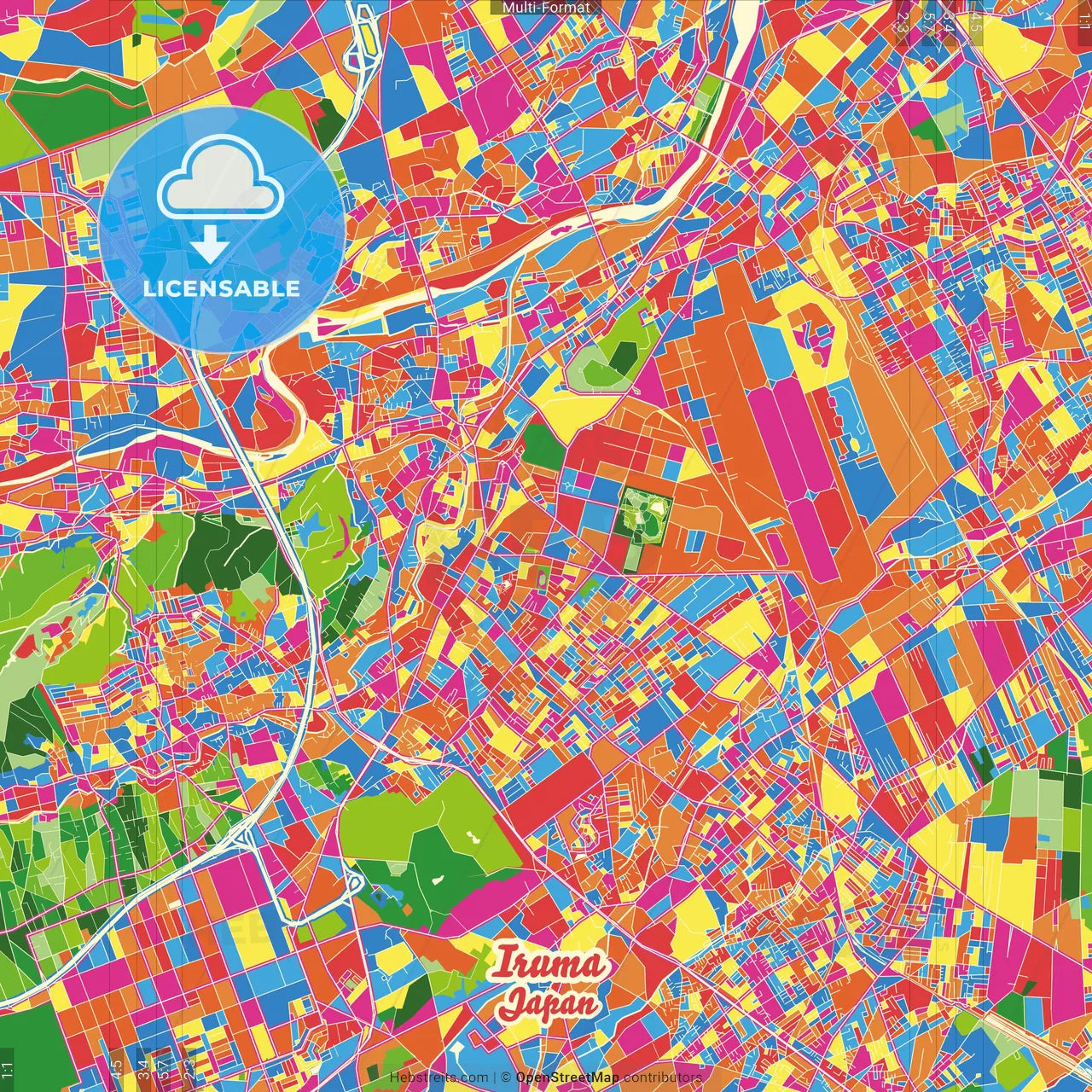 Iruma, Saitama, Japan Crazy Colorful Street Map Poster Template