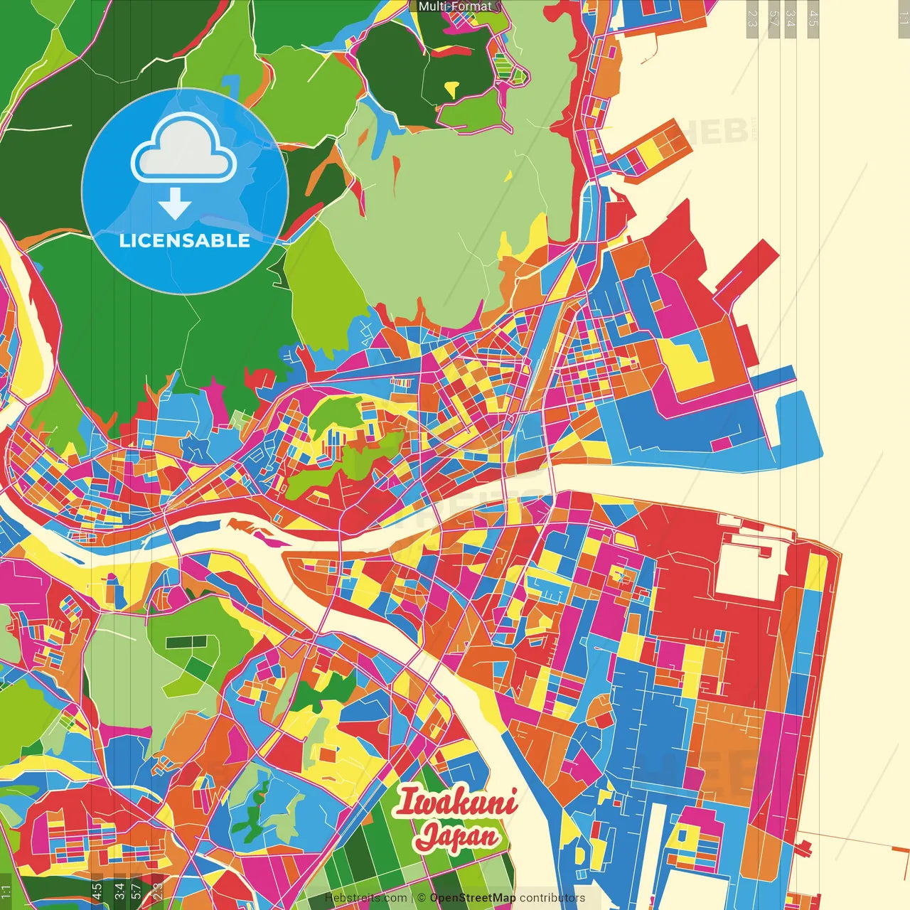 Iwakuni, Yamaguchi, Japan Crazy Colorful Street Map Poster Template