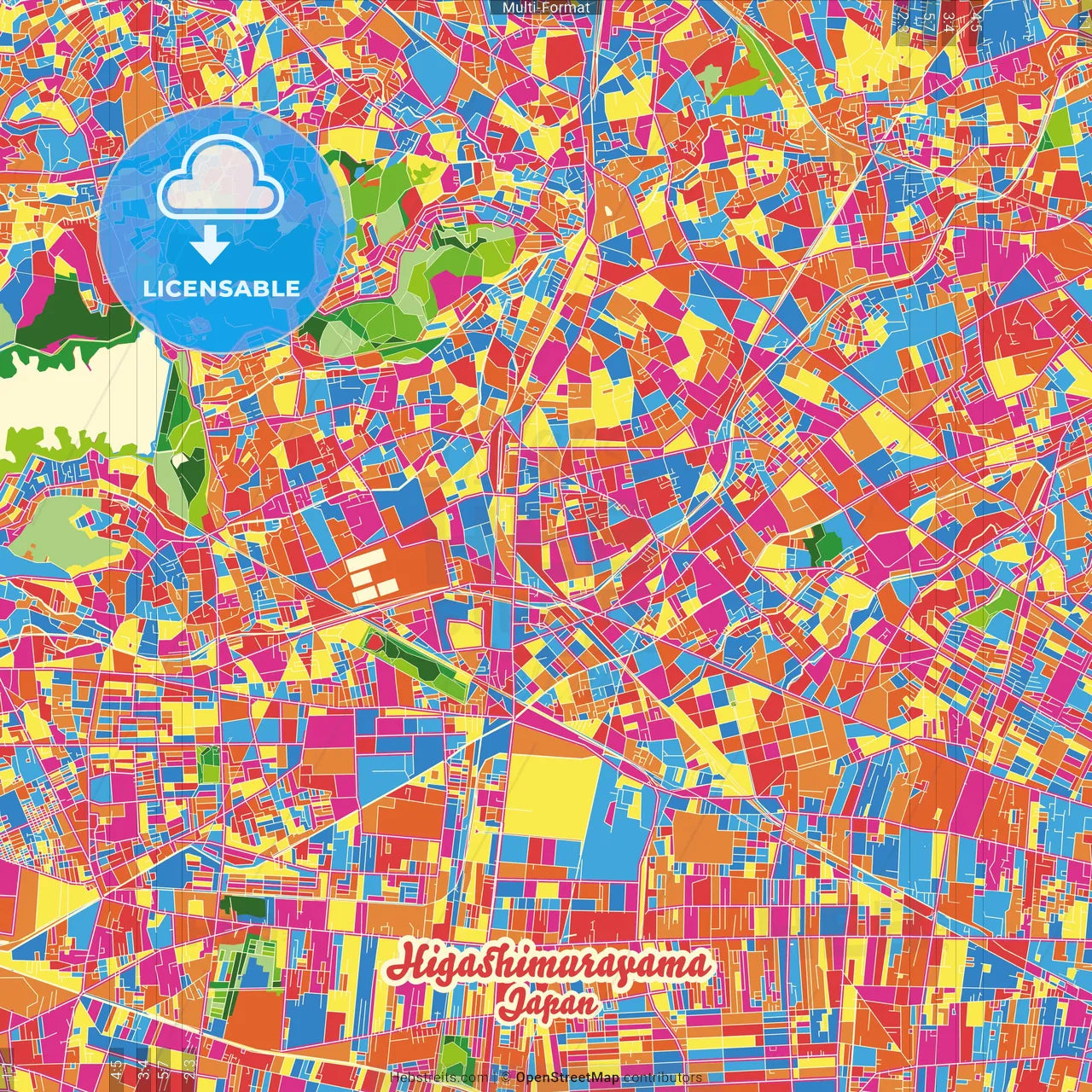 Higashimurayama, Tokyo, Japan Crazy Colorful Street Map Poster Template