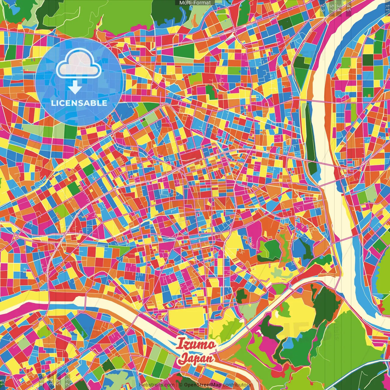 Izumo, Shimane, Japan Crazy Colorful Street Map Poster Template