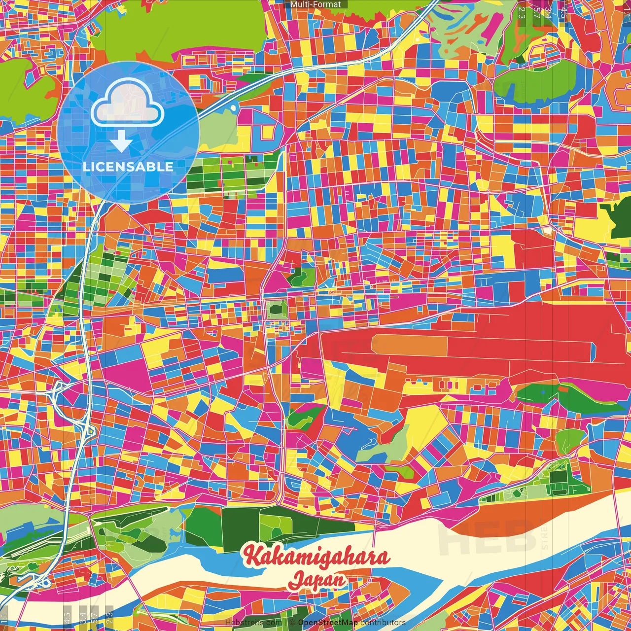 Kakamigahara, Gifu, Japan Crazy Colorful Street Map Poster Template