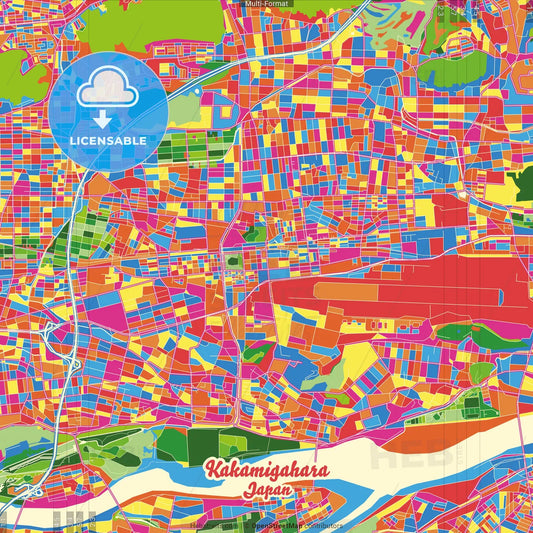 Kakamigahara, Gifu, Japan Crazy Colorful Street Map Poster Template