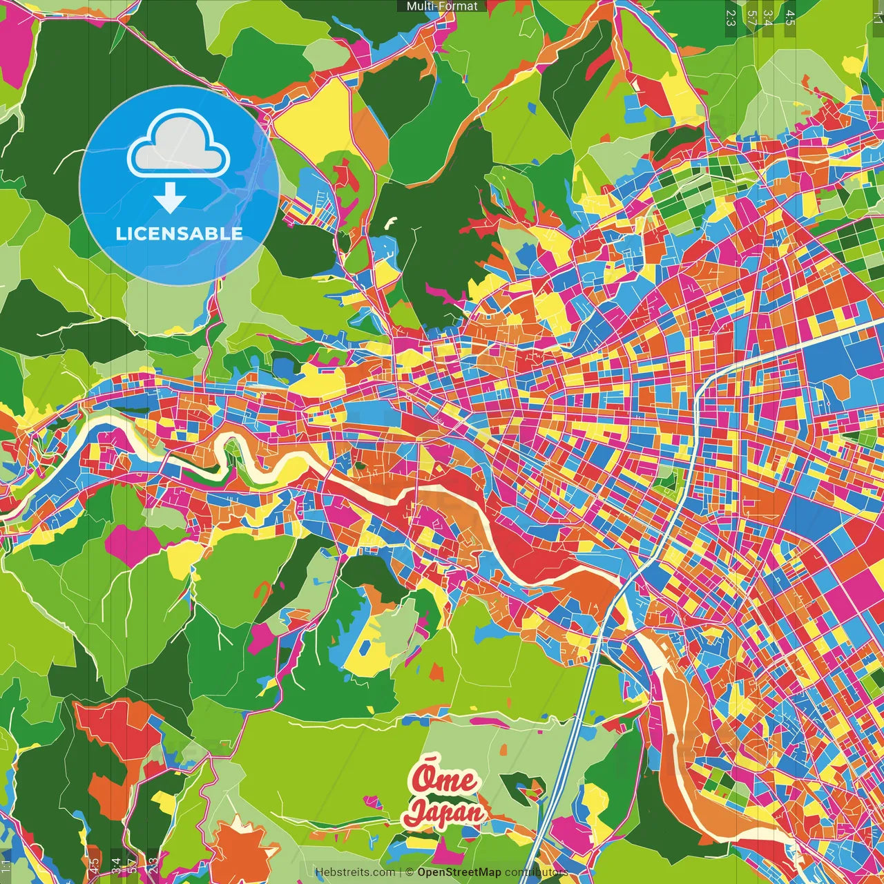 Ōme, Tokyo, Japan Crazy Colorful Street Map Poster Template