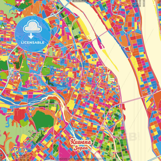 Kuwana, Mie, Japan Crazy Colorful Street Map Poster Template