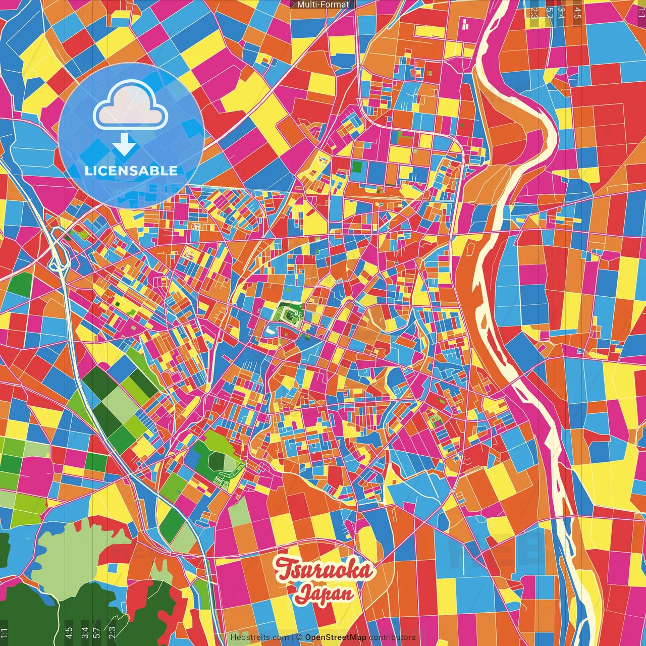 Tsuruoka, Yamagata, Japan Crazy Colorful Street Map Poster Template