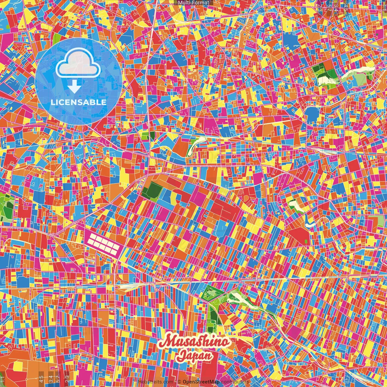 Musashino, Tokyo, Japan Crazy Colorful Street Map Poster Template