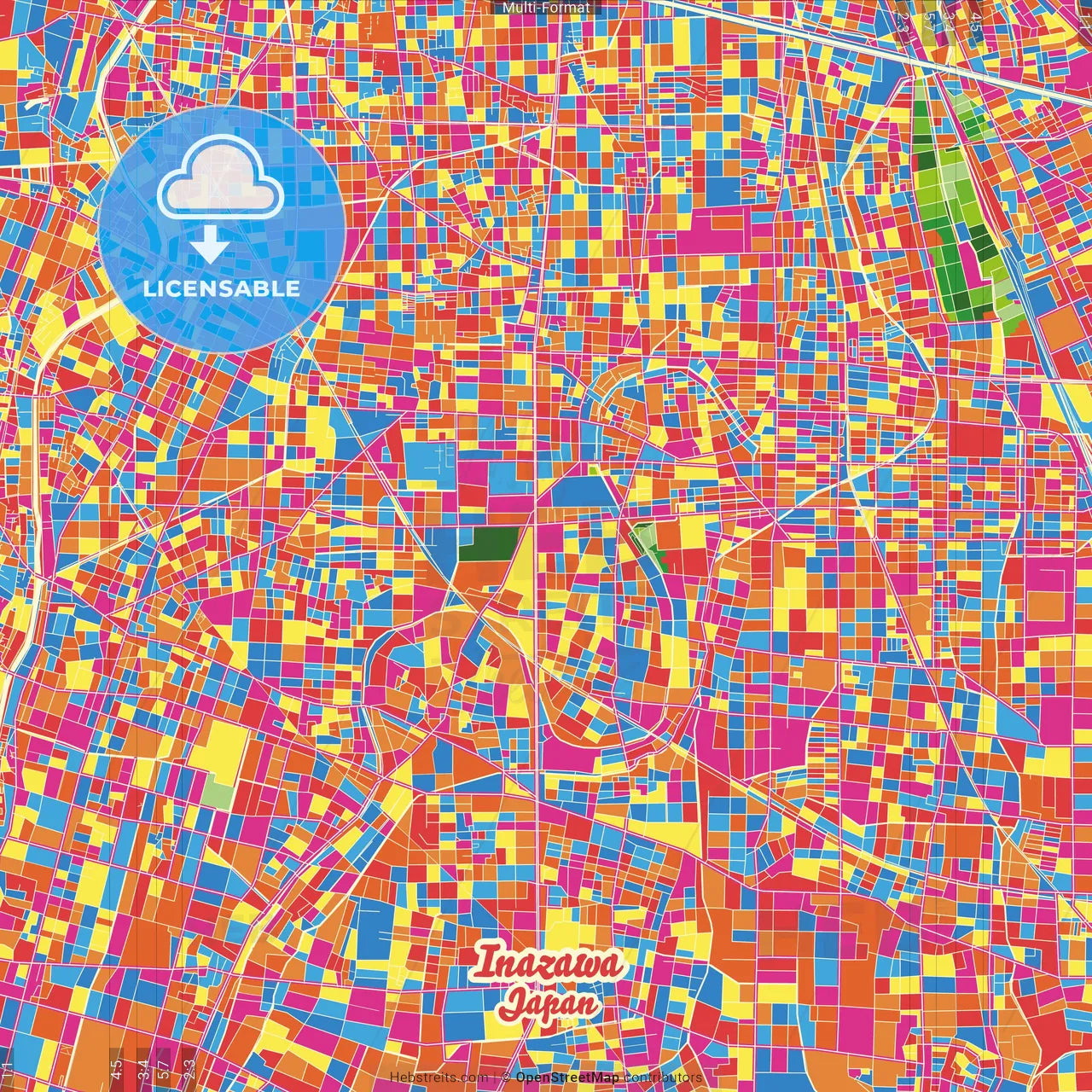 Inazawa, Aichi, Japan Crazy Colorful Street Map Poster Template