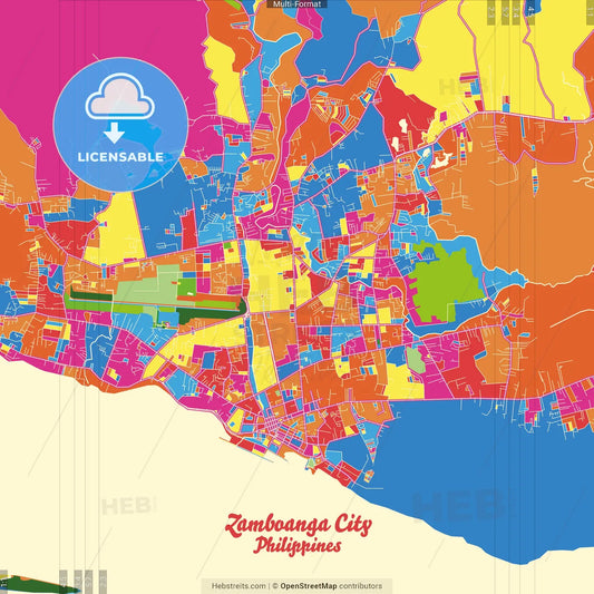 Zamboanga City, Zamboanga del Sur , Philippines Crazy Colorful Street Map Poster Template