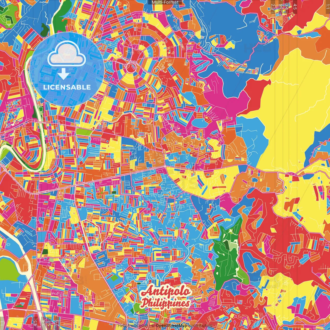 Antipolo, Rizal, Philippines Crazy Colorful Street Map Poster Template