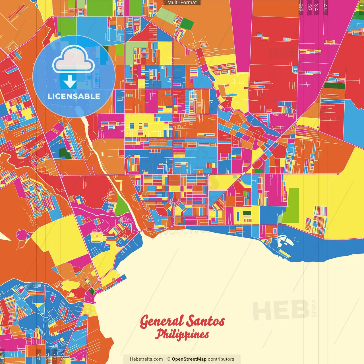 General Santos, South Cotabato, Philippines Crazy Colorful Street Map Poster Template