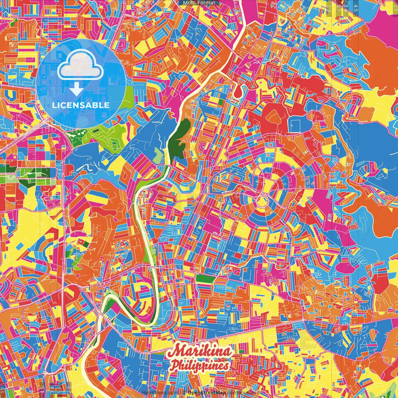 Marikina, Philippines Crazy Colorful Street Map Poster Template