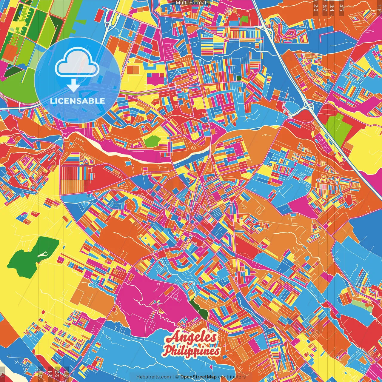 Angeles, Pampanga, Philippines Crazy Colorful Street Map Poster Template