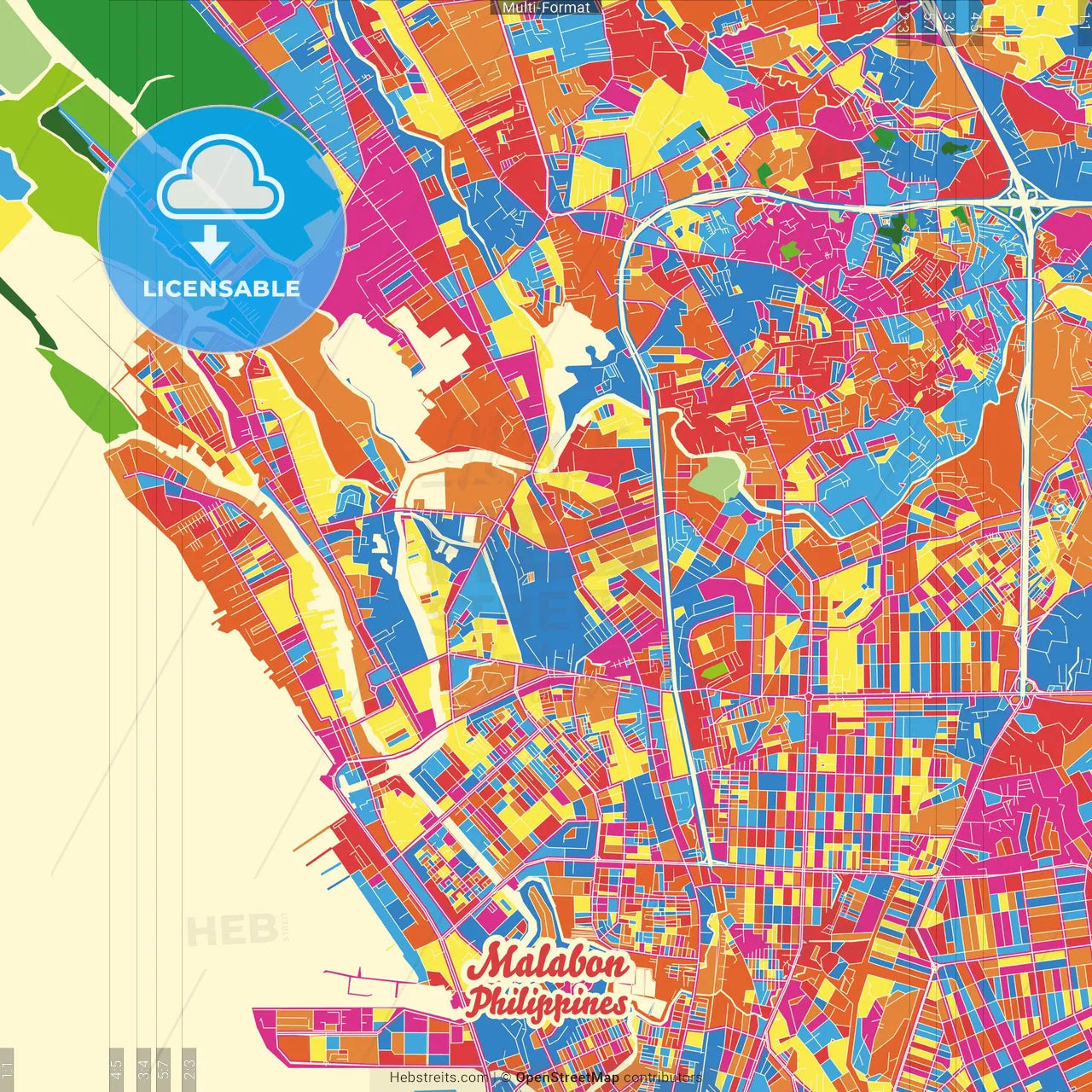 Malabon, Philippines Crazy Colorful Street Map Poster Template