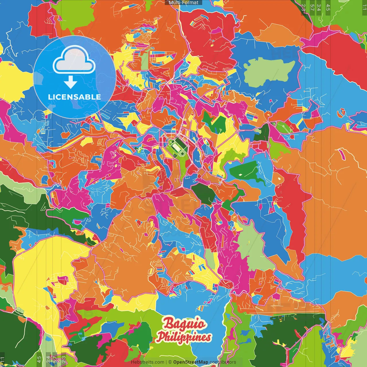 Baguio, Benguet, Philippines Crazy Colorful Street Map Poster Template