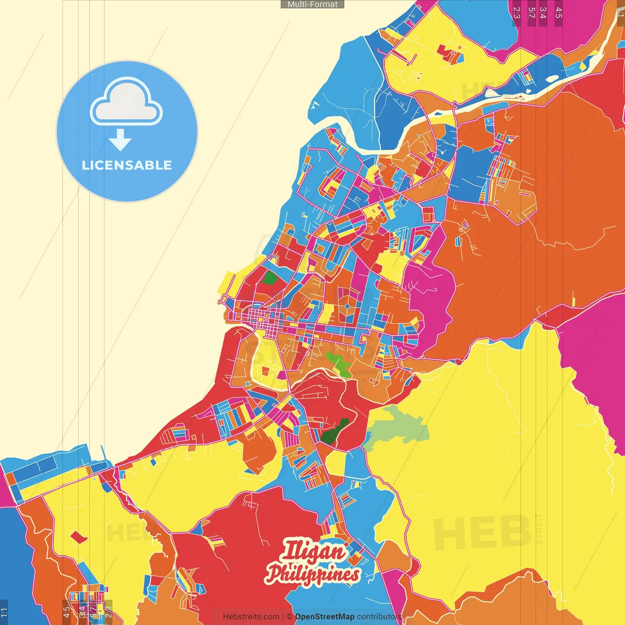 Iligan, Lanao del Norte, Philippines Crazy Colorful Street Map Poster Template