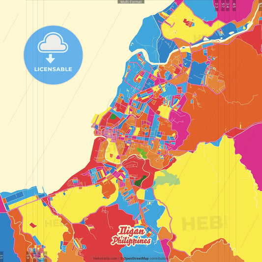Iligan, Lanao del Norte, Philippines Crazy Colorful Street Map Poster Template