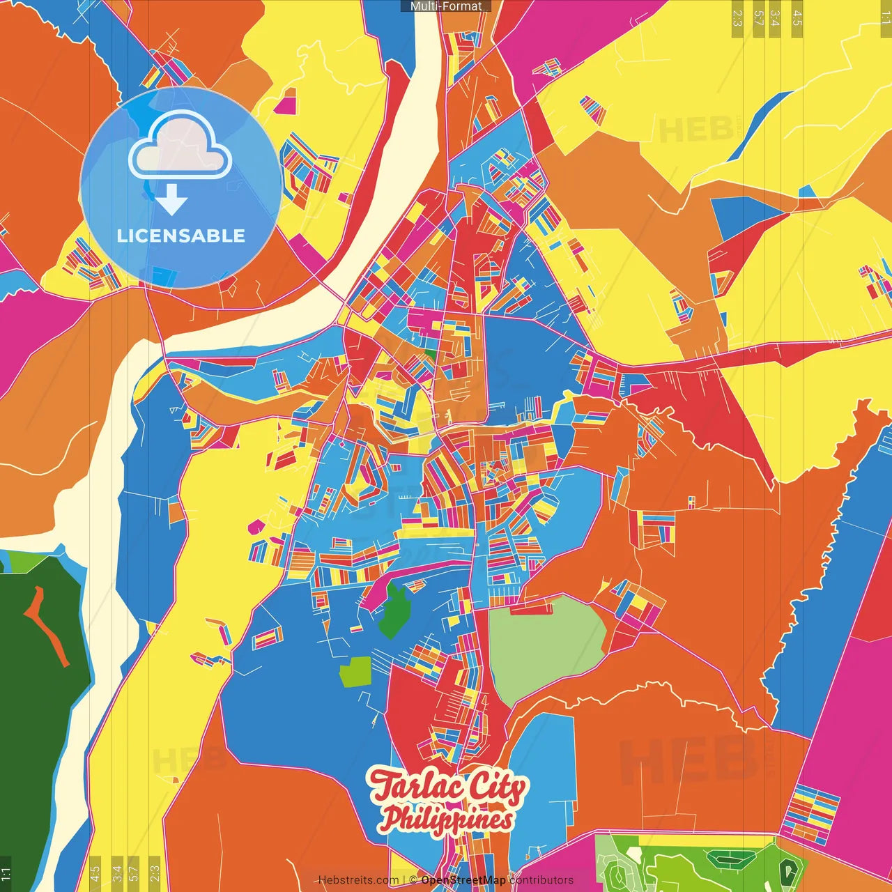 Tarlac City, Tarlac, Philippines Crazy Colorful Street Map Poster Template