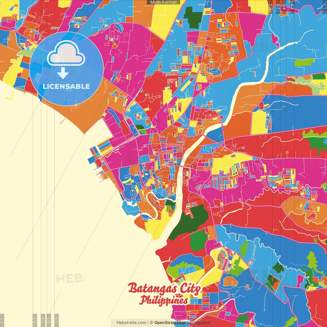 Batangas City, Batangas, Philippines Crazy Colorful Street Map Poster Template
