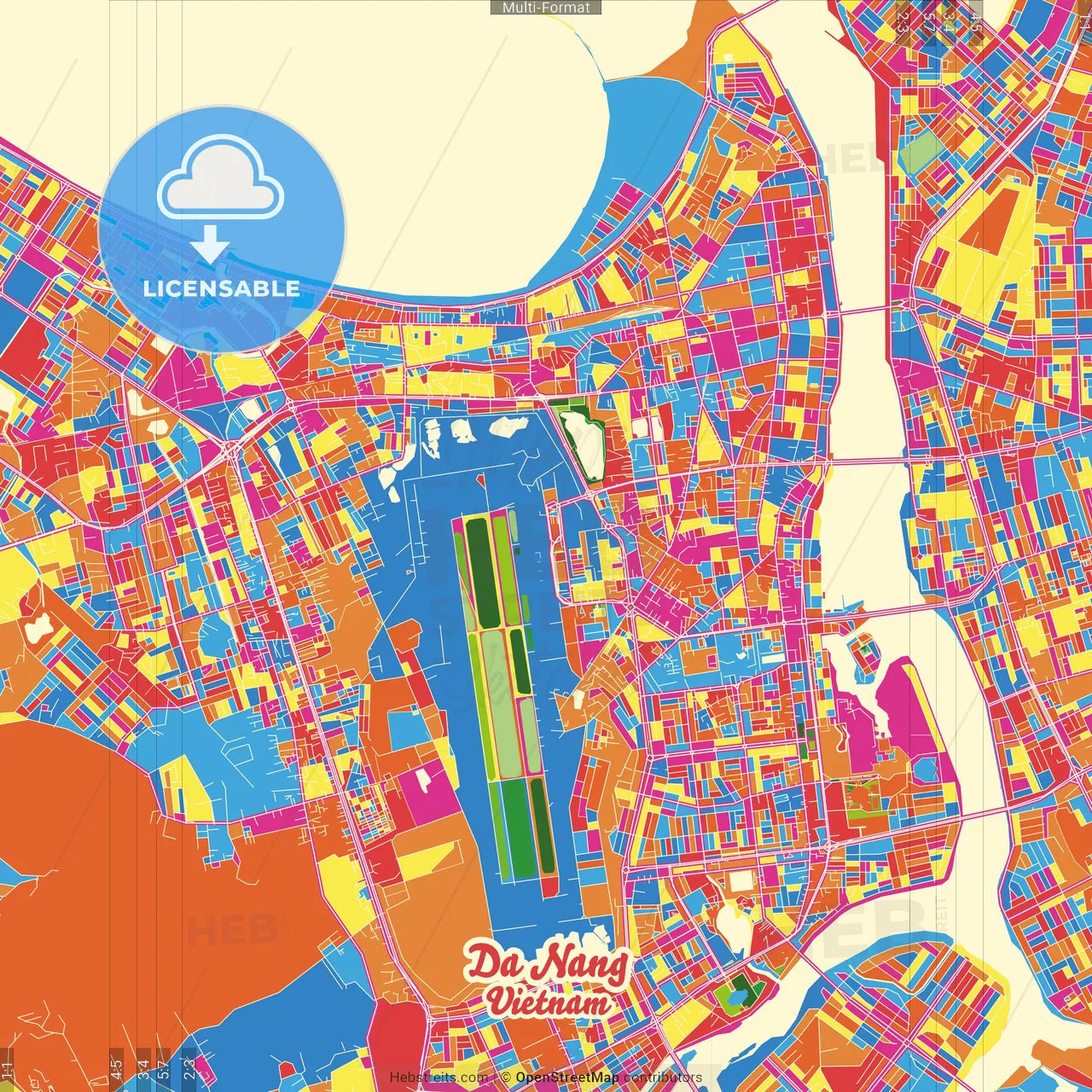 Da Nang, Quảng Nam–Đà Nẵng, Vietnam Crazy Colorful Street Map Poster Template