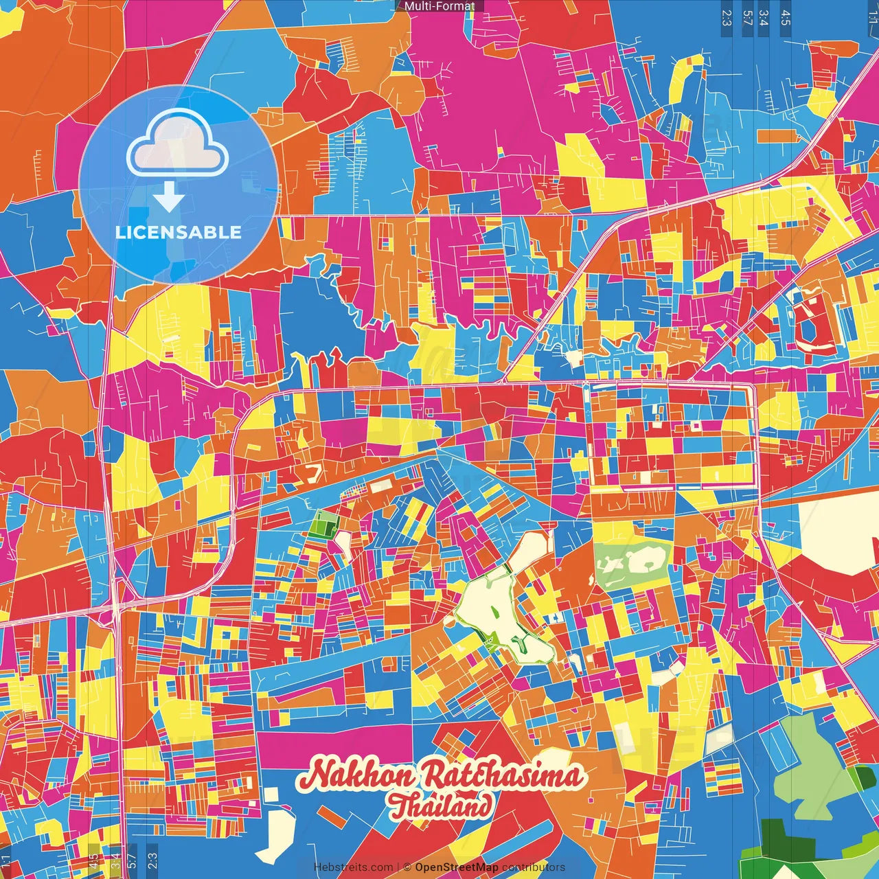 Nakhon Ratchasima, Nakhon Ratchasima, Thailand Crazy Colorful Street Map Poster Template
