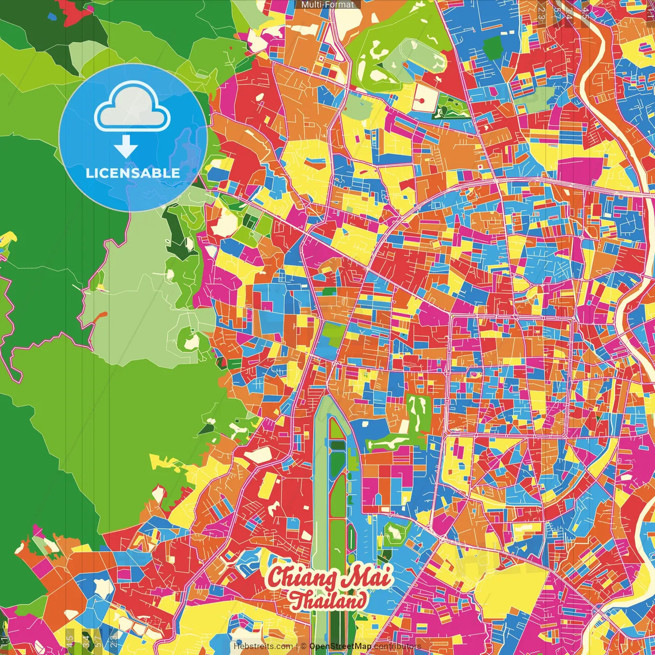 Chiang Mai, Chiang Mai, Thailand Crazy Colorful Street Map Poster Template