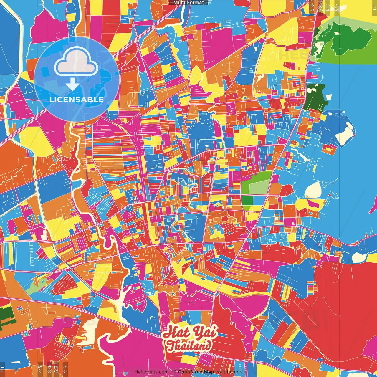 Hat Yai, Songkhla, Thailand Crazy Colorful Street Map Poster Template