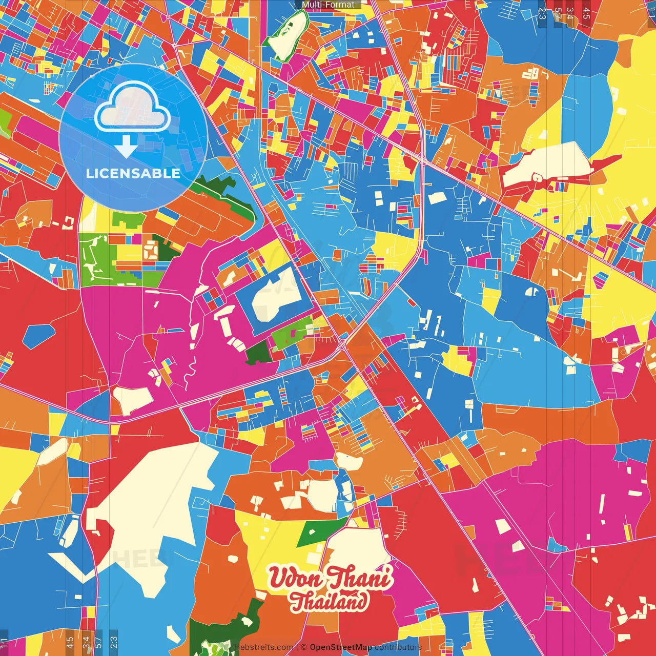 Udon Thani, Udon Thani, Thailand Crazy Colorful Street Map Poster Template