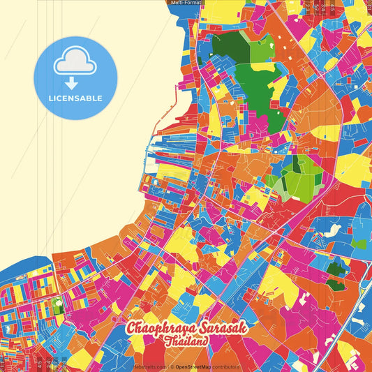 Chaophraya Surasak, Chonburi, Thailand Crazy Colorful Street Map Poster Template
