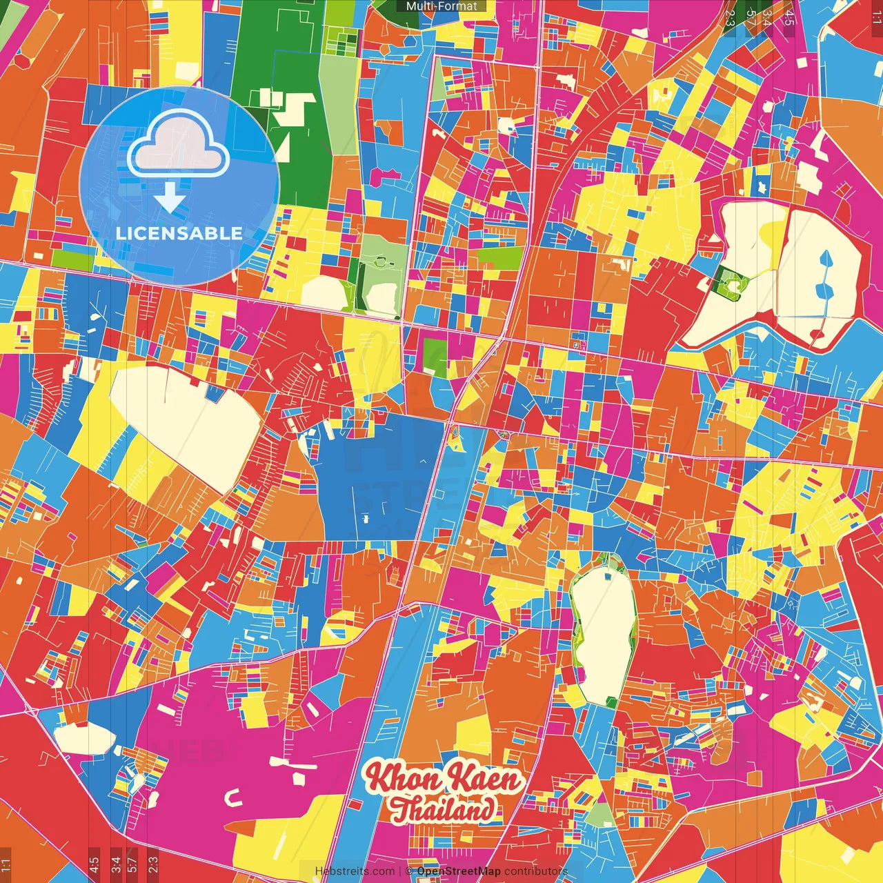 Khon Kaen, Khon Kaen, Thailand Crazy Colorful Street Map Poster Template