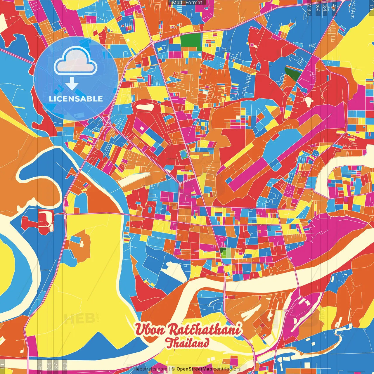 Ubon Ratchathani, Ubon Ratchathani, Thailand Crazy Colorful Street Map Poster Template