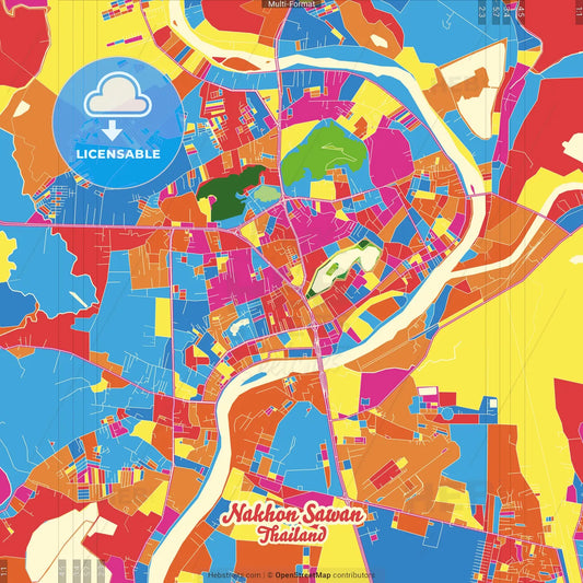 Nakhon Sawan, Nakhon Sawan, Thailand Crazy Colorful Street Map Poster Template