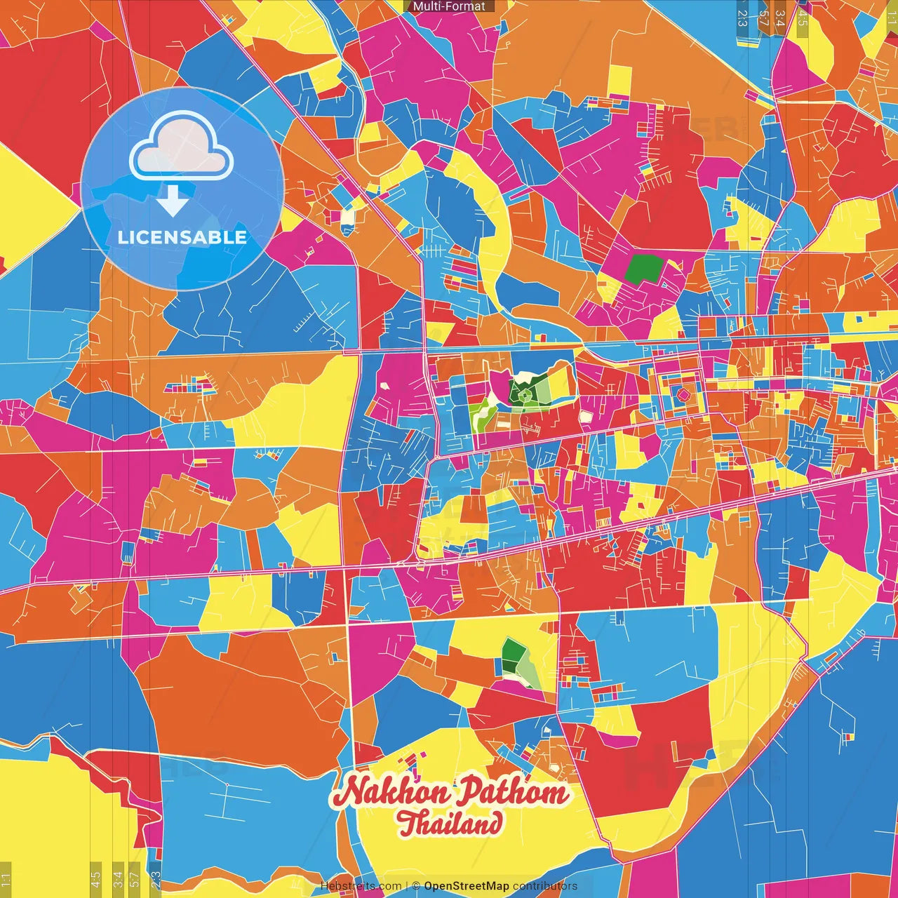 Nakhon Pathom, Nakhon Pathom, Thailand Crazy Colorful Street Map Poster Template