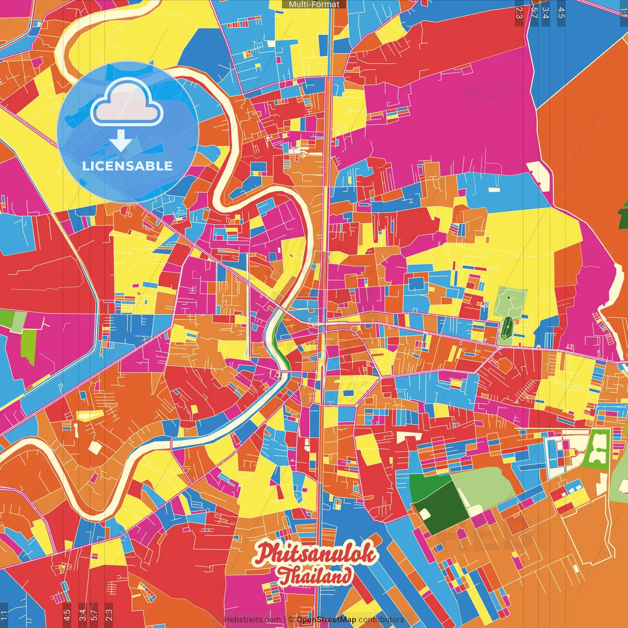Phitsanulok, Phitsanulok, Thailand Crazy Colorful Street Map Poster Template
