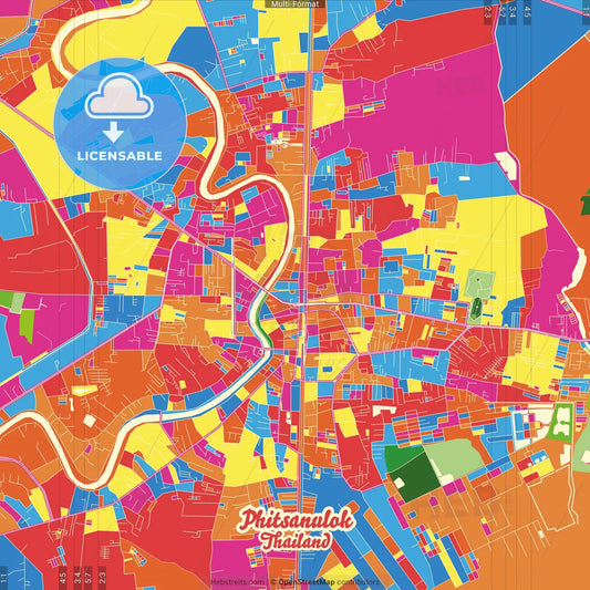 Phitsanulok, Phitsanulok, Thailand Crazy Colorful Street Map Poster Template