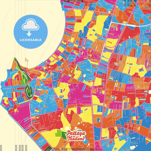 Pattaya, Chonburi, Thailand Crazy Colorful Street Map Poster Template