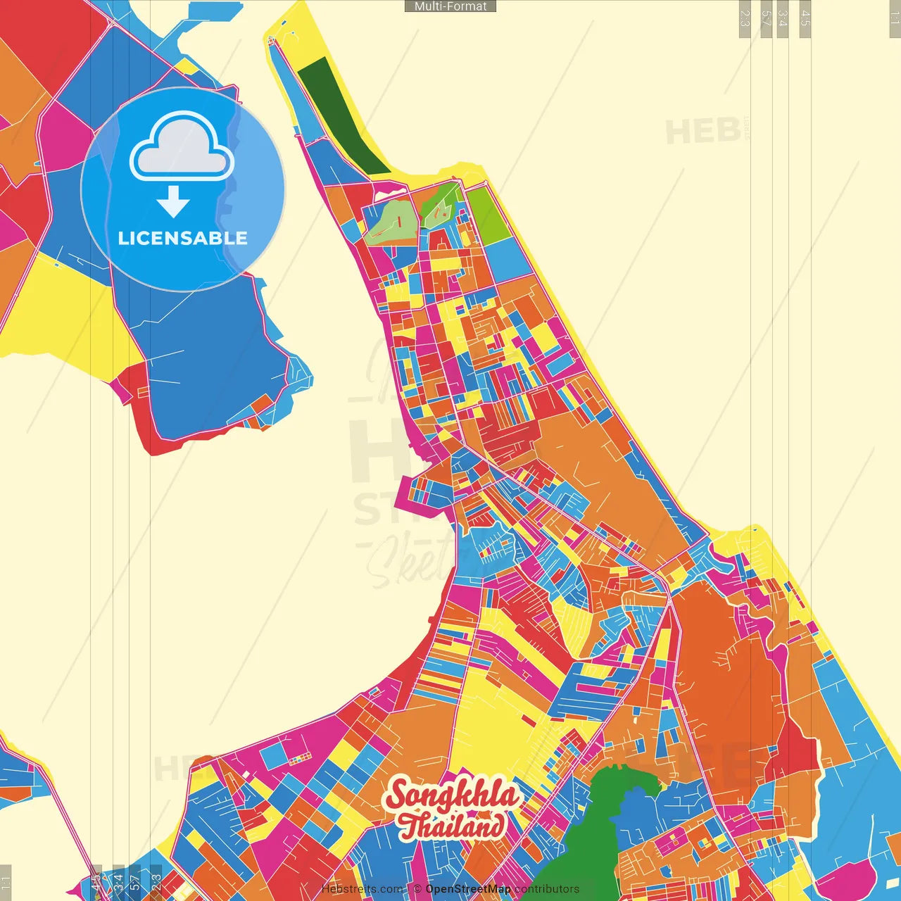 Songkhla, Songkhla, Thailand Crazy Colorful Street Map Poster Template