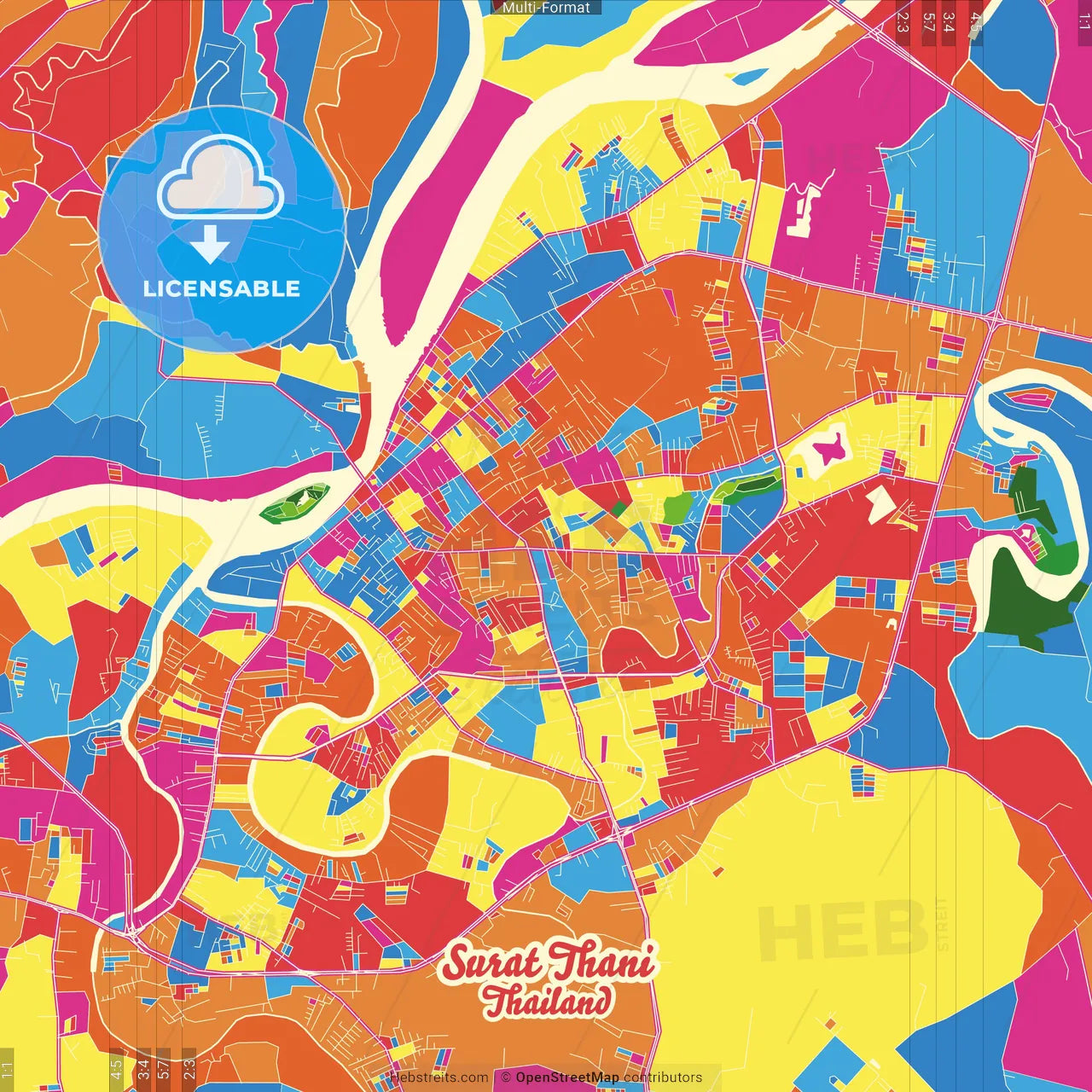 Surat Thani, Surat Thani, Thailand Crazy Colorful Street Map Poster Template