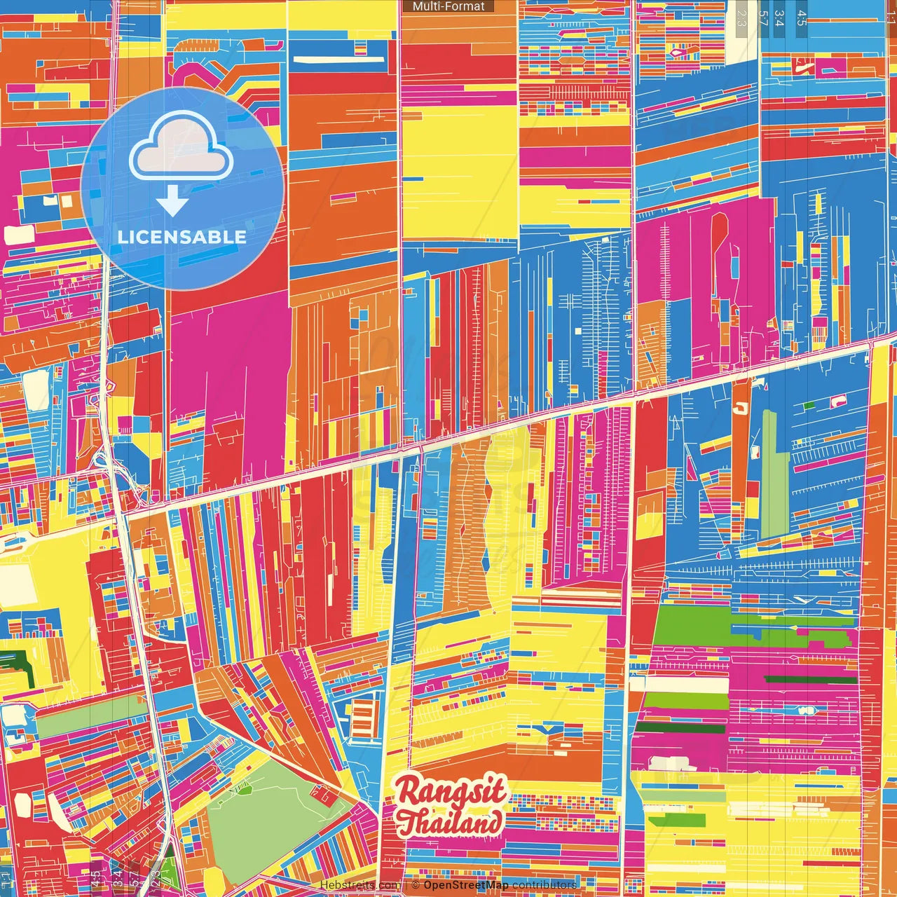 Rangsit, Pathum Thani, Thailand Crazy Colorful Street Map Poster Template