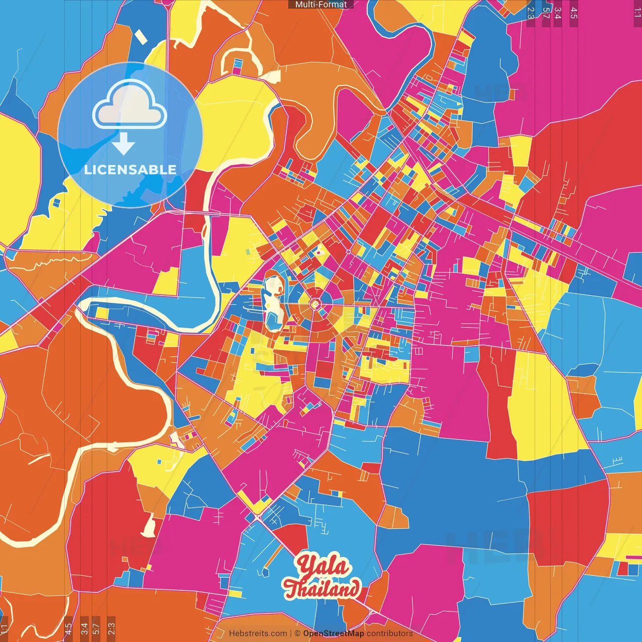 Yala, Yala, Thailand Crazy Colorful Street Map Poster Template
