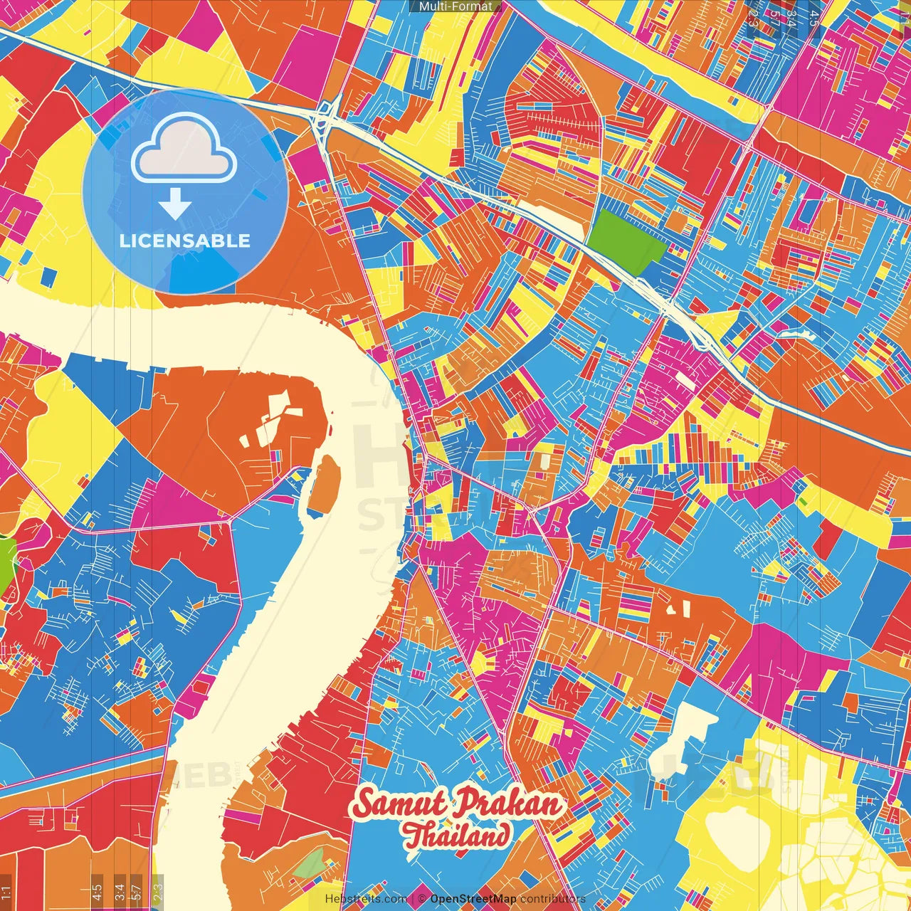 Samut Prakan, Samut Prakan, Thailand Crazy Colorful Street Map Poster Template