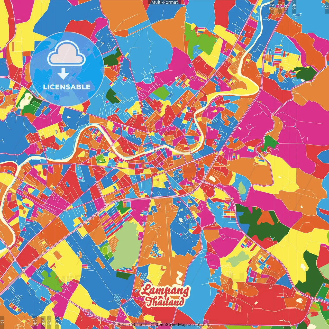 Lampang, Lampang, Thailand Crazy Colorful Street Map Poster Template
