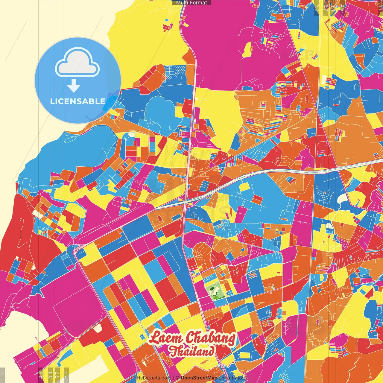 Laem Chabang, Chonburi, Thailand Crazy Colorful Street Map Poster Template